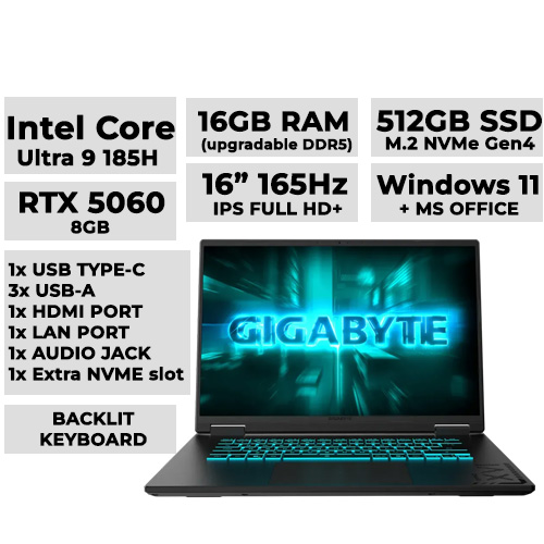 Gigabyte Gaming A16 Laptop 16" 165hz | Intel Ultra 9 185H | 16GB DDR5 | 512GB NVMe SSD | RTX 5060 8GB (Model: GS-GAMING-A16-EVHS3PH893SH)